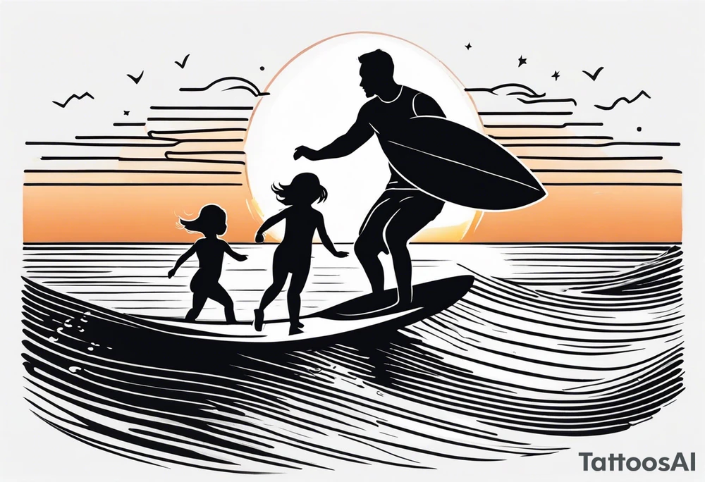 Black and white Line work tattoo depicting a father surfing with his two daughters.  The sunset and horizon have musical notes. tattoo idea