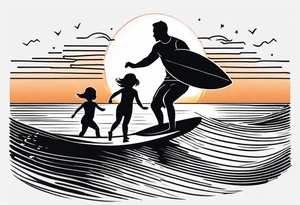 Black and white Line work tattoo depicting a father surfing with his two daughters.  The sunset and horizon have musical notes. tattoo idea