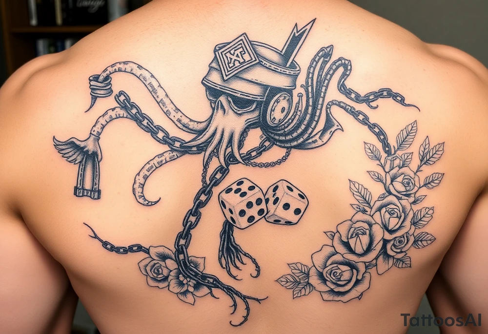 Squid and knight and sailor hat combined with chains, tree roots, cherry blossoms and roses rolling dice tattoo idea
