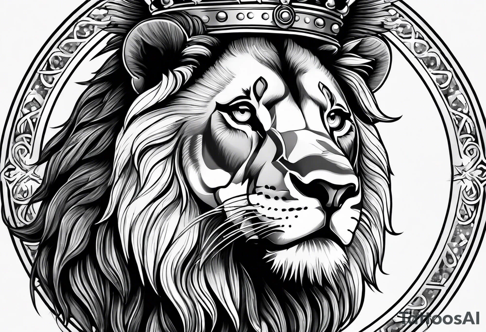 lion with crown on the head and sparkling eyes tattoo idea