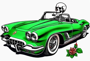 Skeleton smoking a cigarette driving a green 1976 convertible Corvette tattoo idea