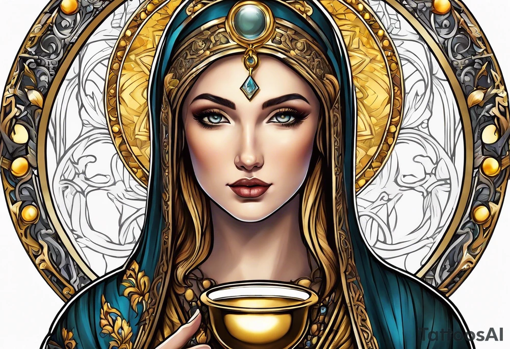 woman saint holding chalice surrounded by golden halo sideways tattoo idea