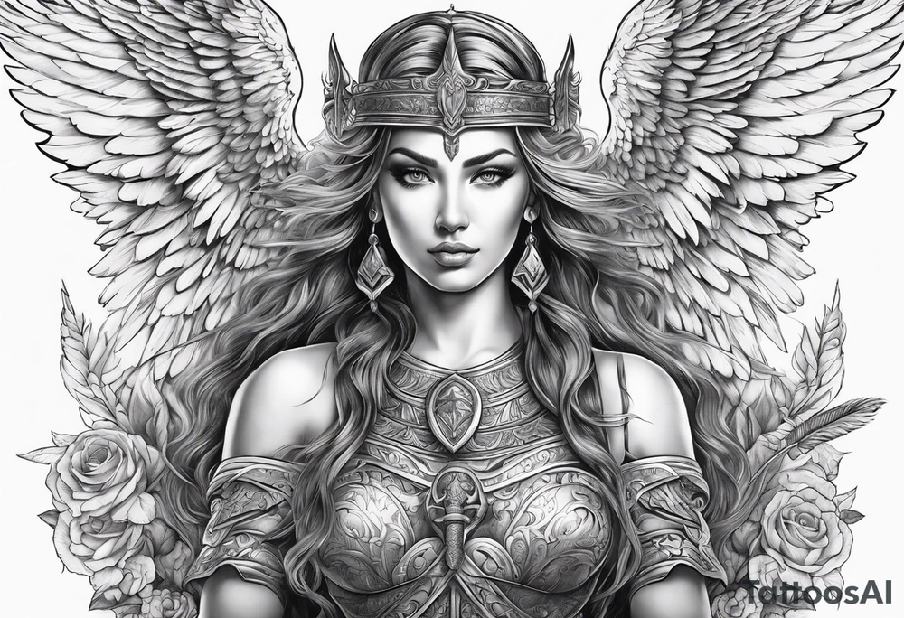 Goddess with sword and angel wing tattoo idea