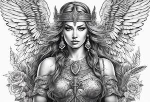 Goddess with sword and angel wing tattoo idea