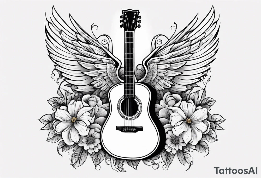 guitar with wings and flowers simple design traditional vintage tattoo idea