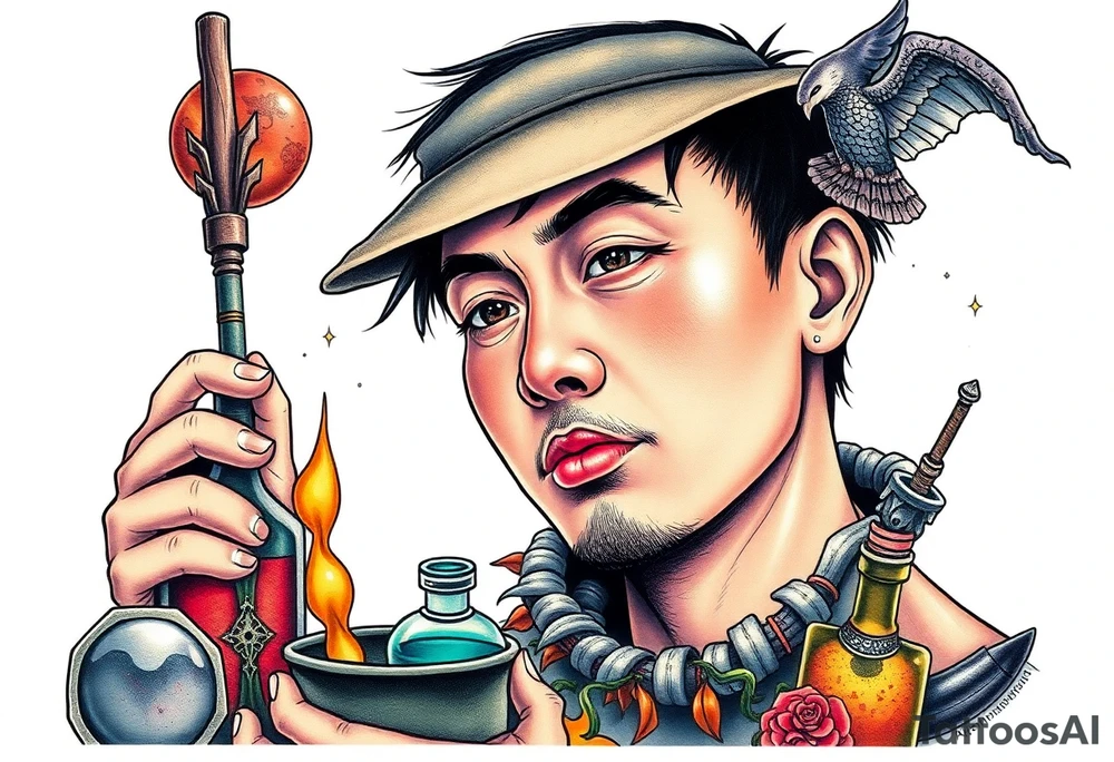 Handsome Asian young adult guy is  accidentally stumbled upon witch tools, supplies, artifacts, potions and exploring it curiously tattoo idea