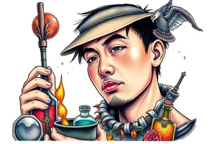 Handsome Asian young adult guy is  accidentally stumbled upon witch tools, supplies, artifacts, potions and exploring it curiously tattoo idea