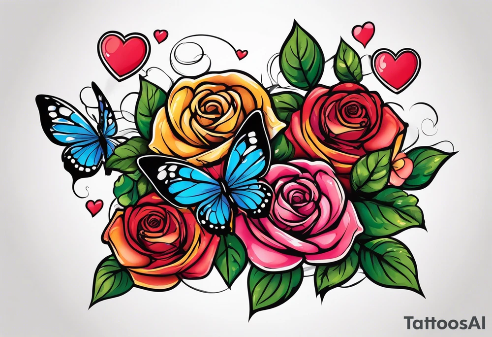 Roses with butterflies and hearts tattoo idea
