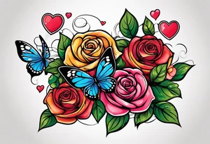 Roses with butterflies and hearts tattoo idea