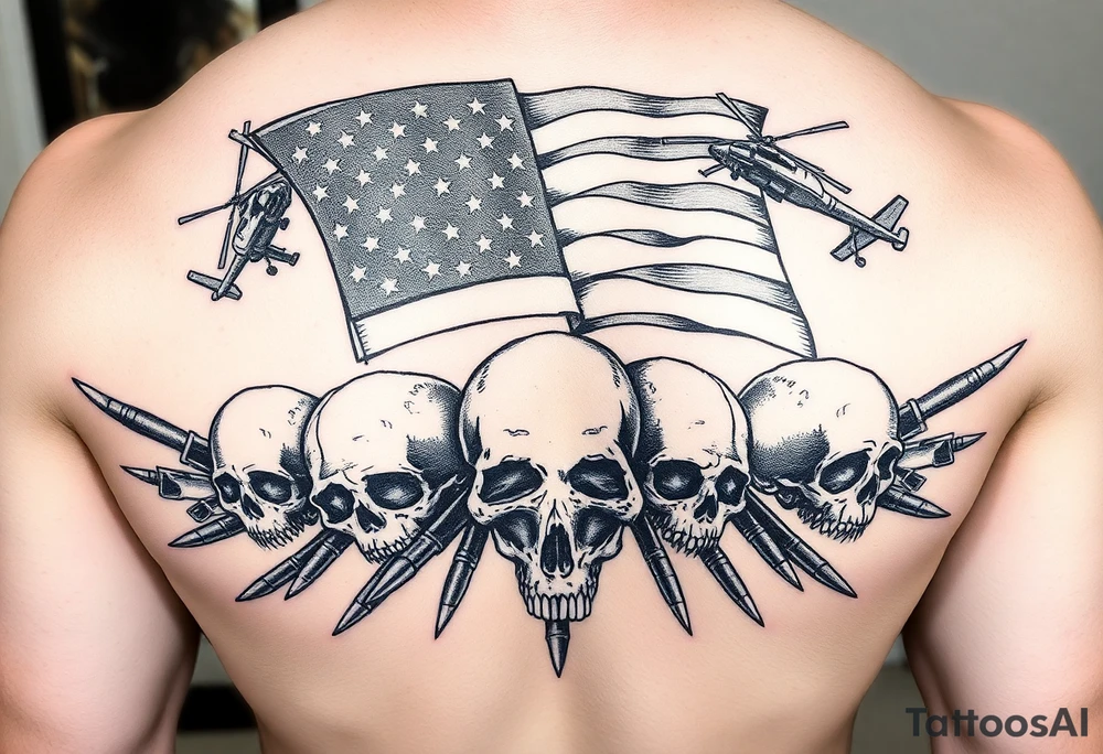 American Flag, helicopters, bullets, skulls tattoo idea
