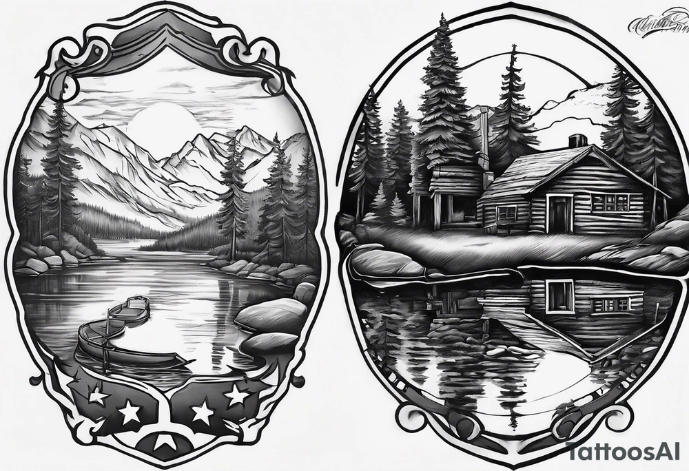 I want a sleeve tattoo that has a cabin in a firepit in it on the forarm and then tansistions to a USA flag towards the top. It needs to be darker towards the top tattoo idea