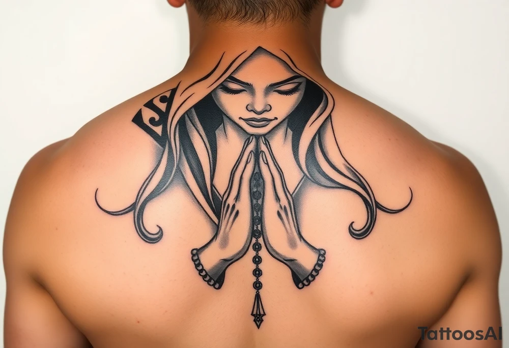 Chicano style woman with praying hands and rosary in hands tattoo idea