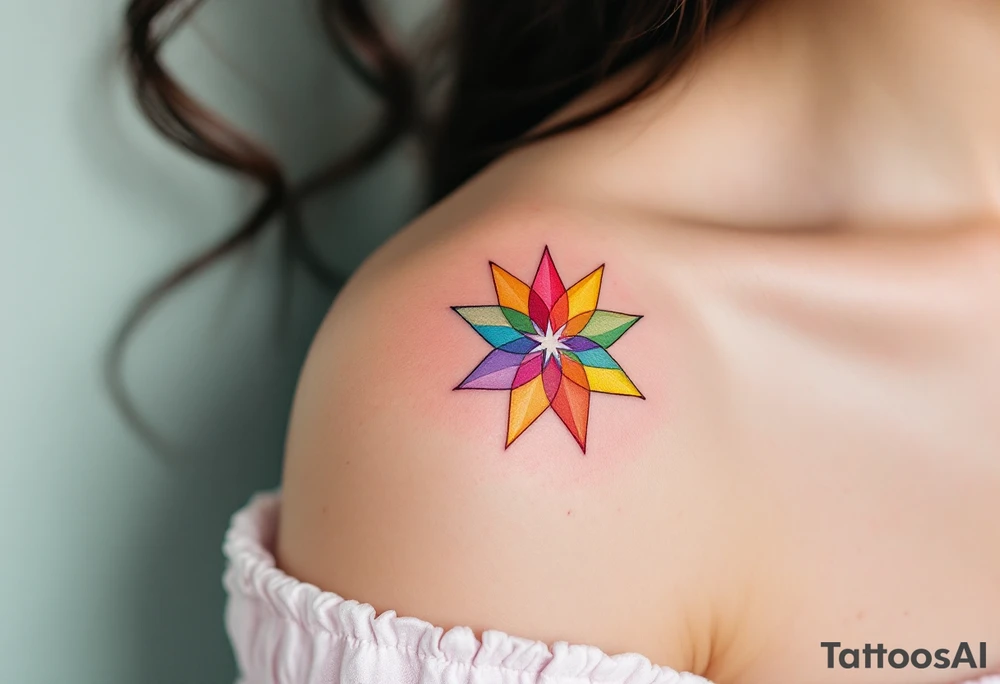 A rainbow-colored eight-pointed star tattoo celebrates inclusivity and universal love. tattoo idea