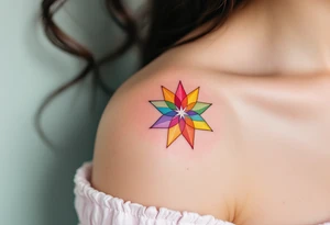 A rainbow-colored eight-pointed star tattoo celebrates inclusivity and universal love. tattoo idea