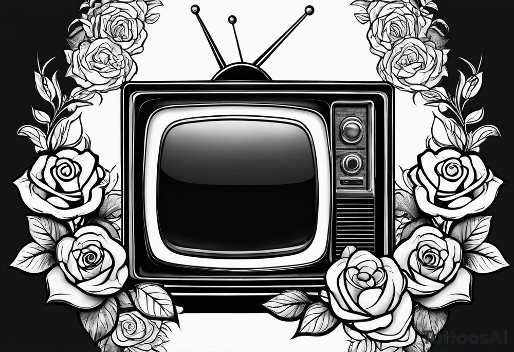 Fine line simple Retro TV with roses tattoo idea