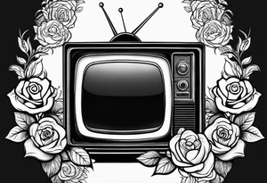 Fine line simple Retro TV with roses tattoo idea
