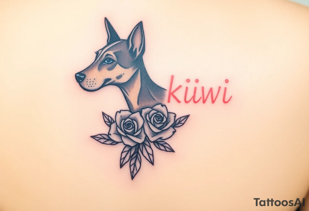 female  hound dog mix Brindle dog with the name kiwi . And a tiny rose around her . With her ears pointy a little big tattoo idea