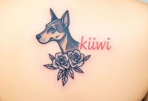 female  hound dog mix Brindle dog with the name kiwi . And a tiny rose around her . With her ears pointy a little big tattoo idea