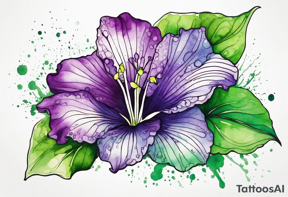 An outline of a green rio dipladenia flower and a green and purple watercolor splash in the background tattoo idea