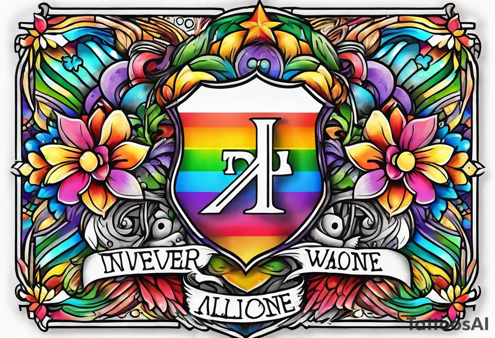 The words "You never walk alone" in rainbow colors tattoo idea