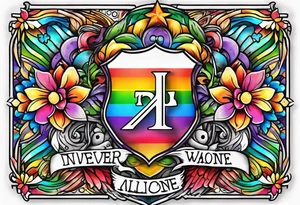 The words "You never walk alone" in rainbow colors tattoo idea