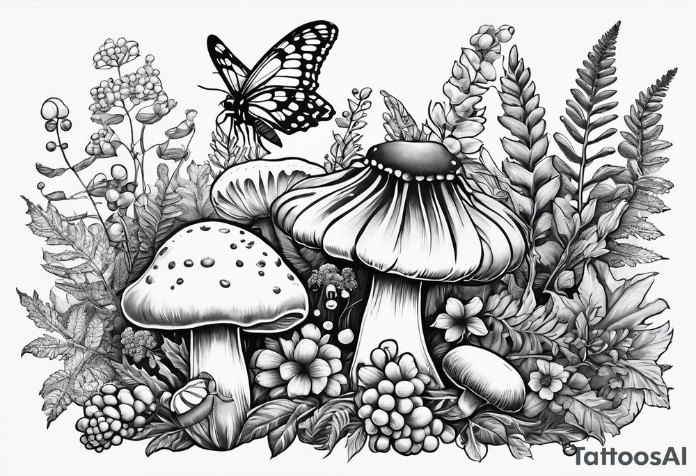 Botanical, wildlife, mushroom, bumble bee, moth, fern, berries tattoo idea
