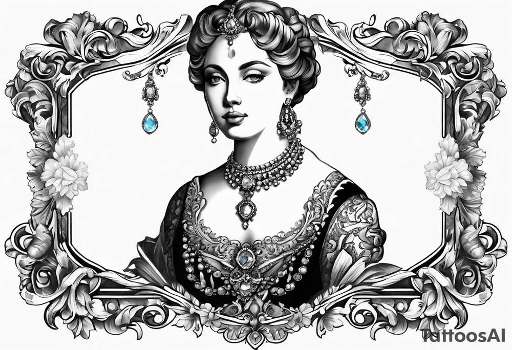 baroque vector on my neck going down & across my shoulders with a gem in the middle of my neck tattoo idea