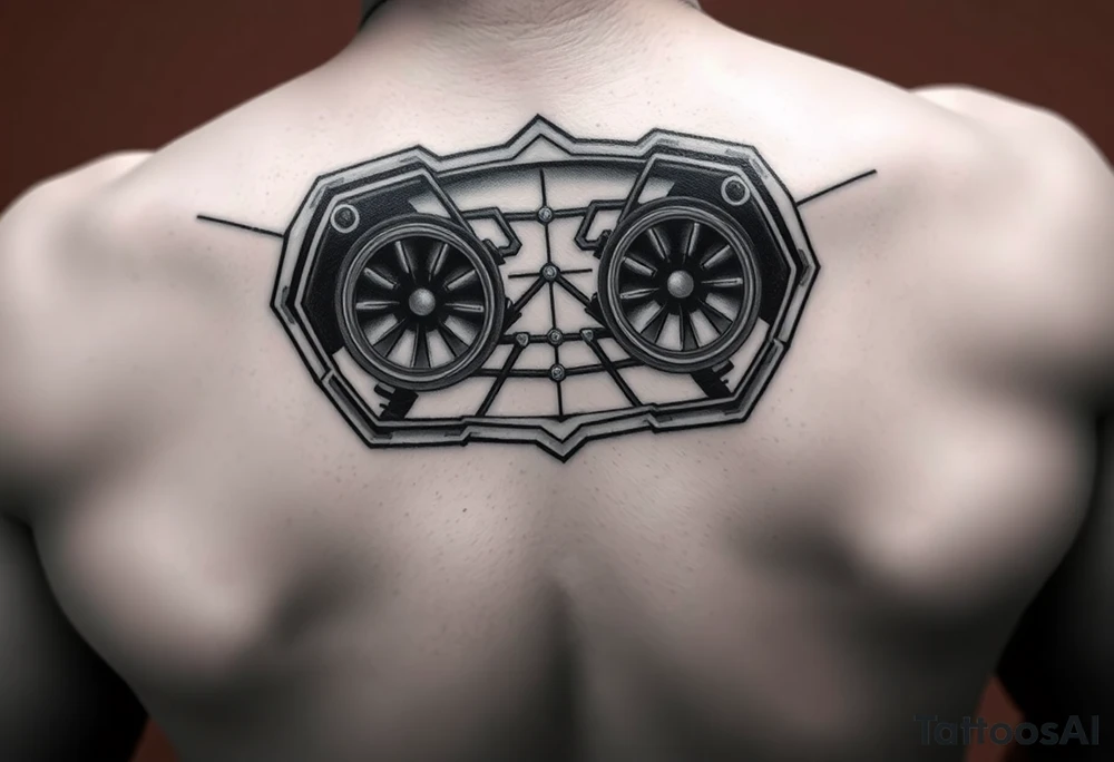 a back tattoo that looks like an exhaust vent, make it look more futuristic and have it to where theres two exhausts
 on both back sides tattoo idea