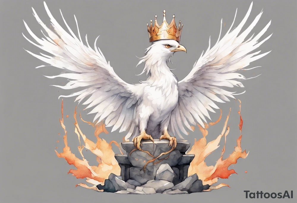 a white phoenix wearing a minimalist iron crown, standing on a stone throne tattoo idea