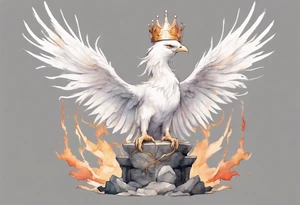 a white phoenix wearing a minimalist iron crown, standing on a stone throne tattoo idea