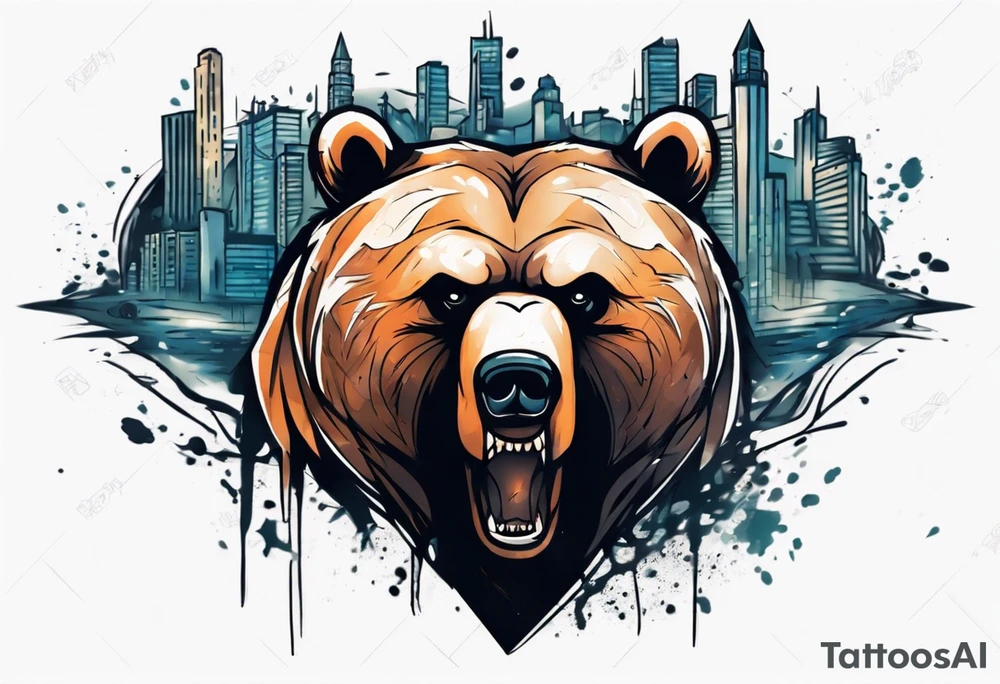 Serious bear coming up behind a city tattoo idea