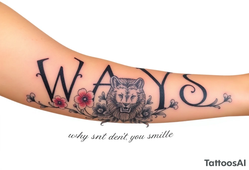 W.A.Y.S spelled out with why aren’t you smiling under neath it with flowers, and hearts with 444 and a lion tattoo idea