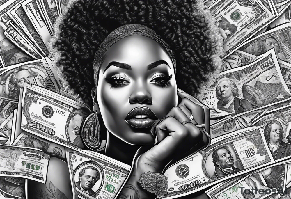 black woman biting money tattoo idea