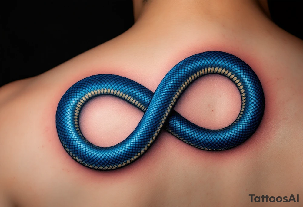 Generate a graphic of a snake. The snake should be a vibrant blue, similar to the color of the snake in the image I've uploaded. The snake should be coiled to form an infinity symbol. Within the two loops of the infinity symbol, leave two distinct empty spaces. These spaces are reserved for the placement of the 'xin' and 'yungun' symbols. The overall style should be clean and modern. and i uploaded the image of the snake too. tattoo idea