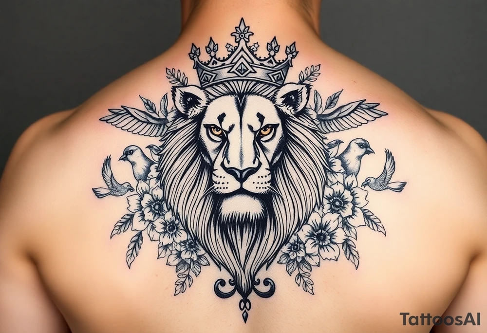 powerful majestic lion with a crown, surrounded by floral ornaments and birds tattoo idea