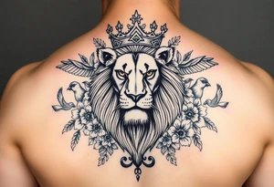 powerful majestic lion with a crown, surrounded by floral ornaments and birds tattoo idea