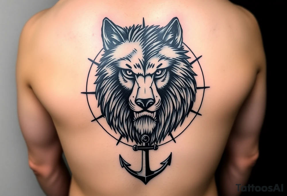 half wolf half bear that resembles a lion surrounded by a compass with a small anchor on bottom. for sleeve tattoo idea