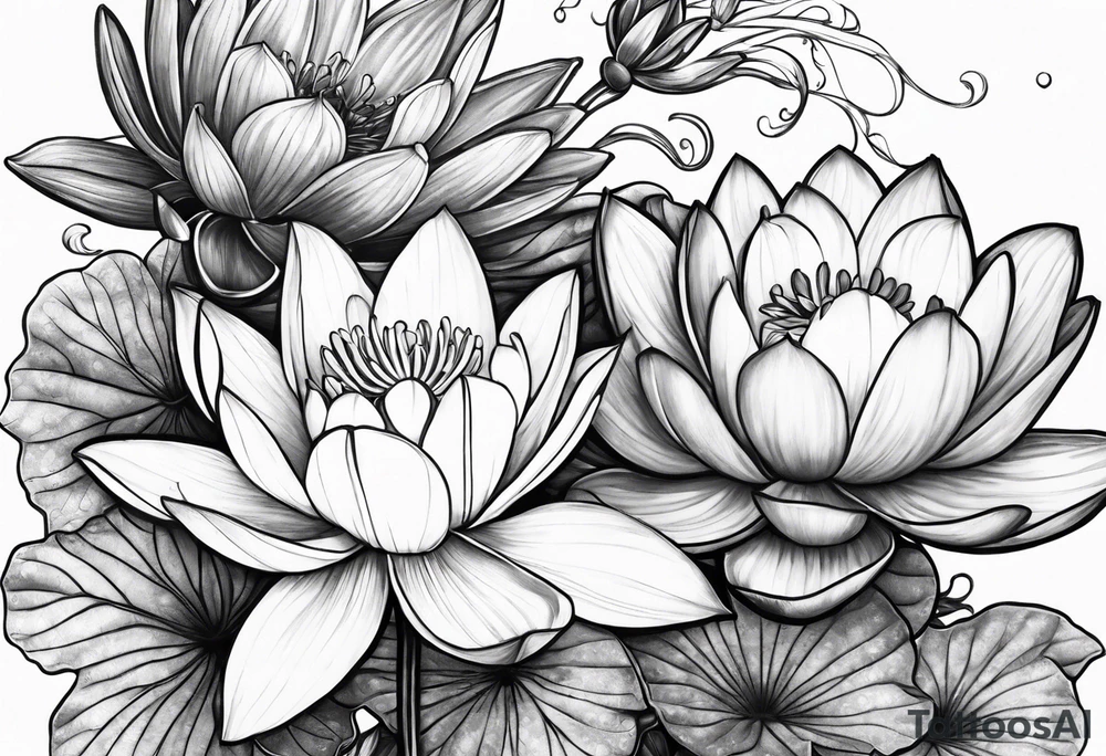 Larkspur and water lily with stems tied with ribbon tattoo idea