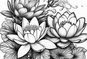 Larkspur and water lily with stems tied with ribbon tattoo idea