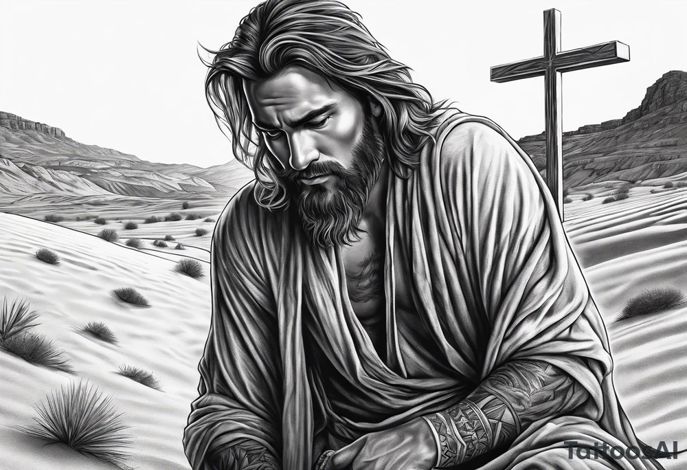 man crawling in a desert toward the cross of Christ tattoo idea