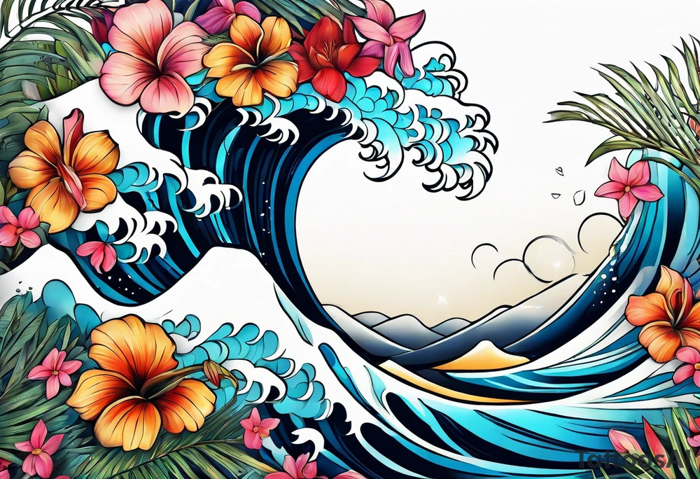 sea,, night, flower, palm, tattoo idea