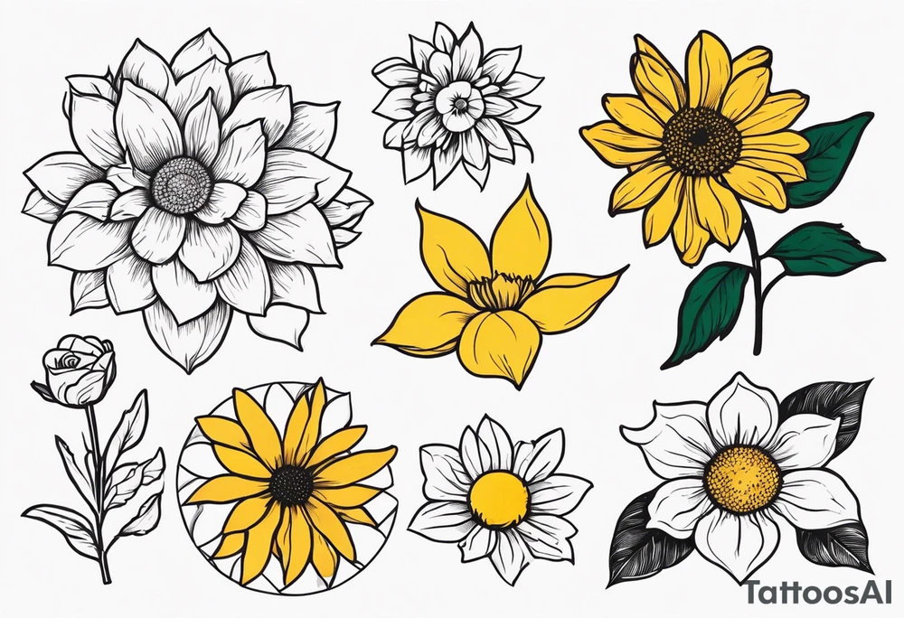 Sunflower daffodil, daisy, rose, Adler, chrysanthemum, holly Birth flower tattoo idea