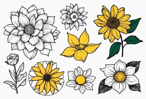 Sunflower daffodil, daisy, rose, Adler, chrysanthemum, holly Birth flower tattoo idea