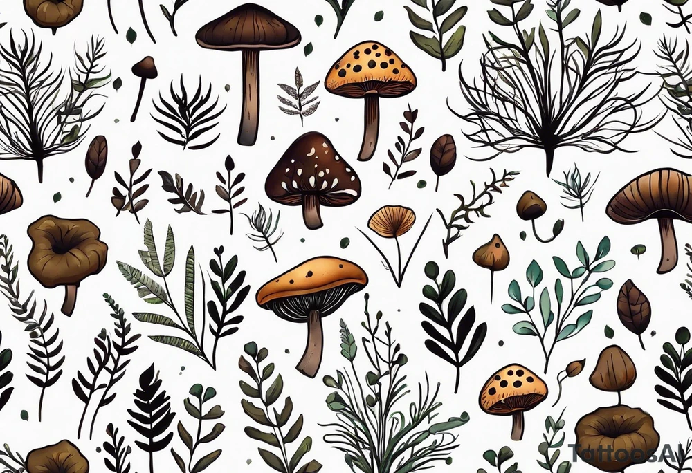 minimalistic forest floor inspired tattoo, which includes grass, moss, curly ferns and dead leaves as the bulk of the tattoo. details to include: forest berries, couple of very small brown mushrooms, a tiny bumblebee flying nearby tattoo idea