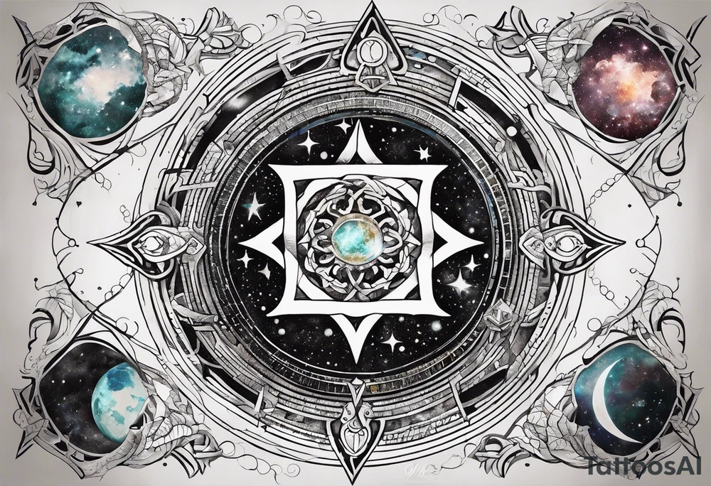 Matter, energy, space and time with an old stone theta symbol with stars in the background and Scorpio constellation tattoo idea