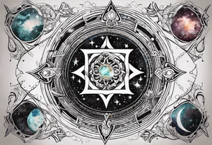Matter, energy, space and time with an old stone theta symbol with stars in the background and Scorpio constellation tattoo idea