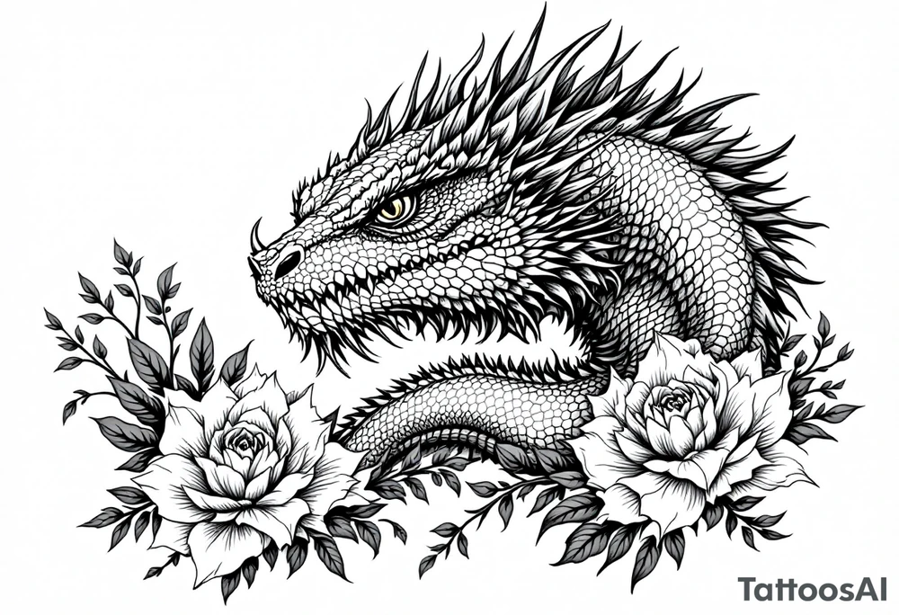 powerful majestic reptile, surrounded by floral ornaments tattoo idea