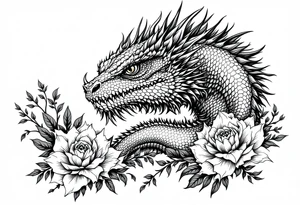 powerful majestic reptile, surrounded by floral ornaments tattoo idea