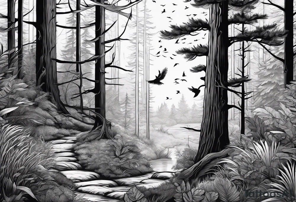 forest with birds and a trail tattoo idea