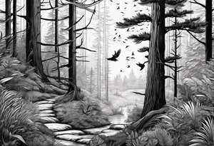 forest with birds and a trail tattoo idea